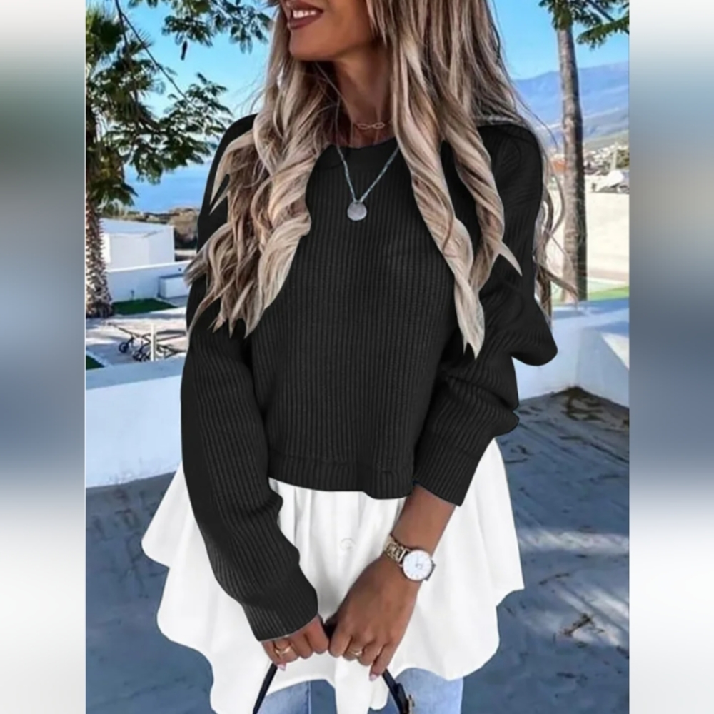 Overlay Peplum Sweater size L long sleeve stretches can make an XL.